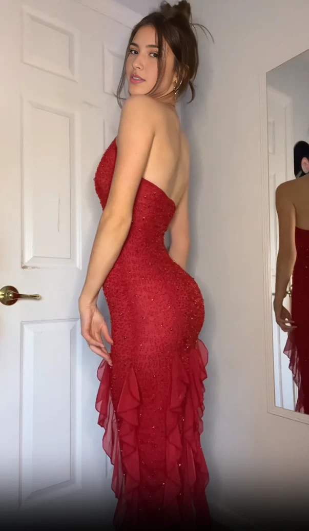 Hermoso vestido de noche largo estilo sirena con volantes y brillo, estilo halter rojo, de Weitese, para graduación.